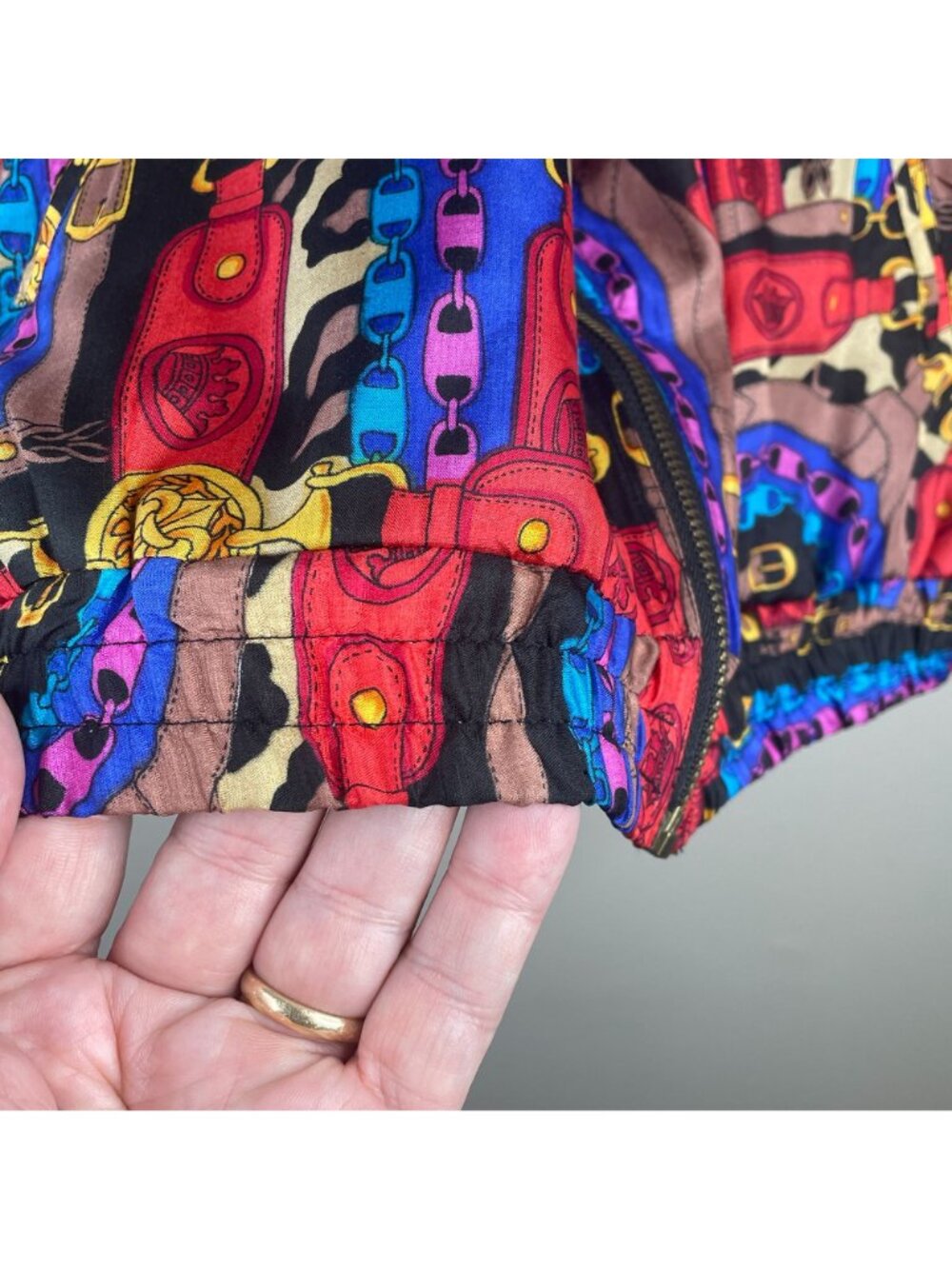Vintage Bomber Jacket 1X Retro Silk 80s 90s Fresh Prince Baggy Urban Chain Print - Picture 6 of 16